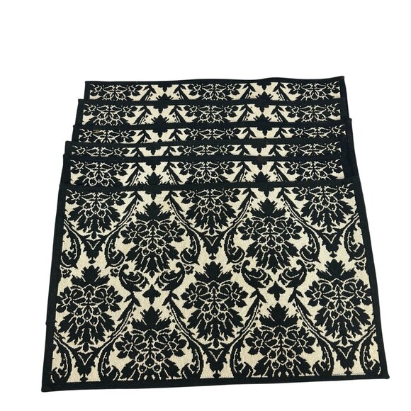 Set Of 6 Damask Placemats Black & Beige Jacquard Fabric Dining Table Decor - Picture 1 of 4